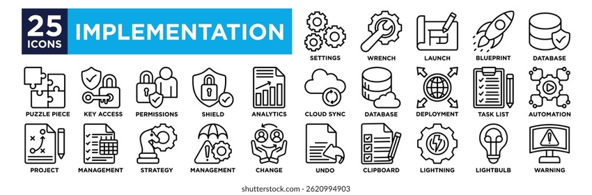 implementation icon collection set. Containing design Wrench Tool ,blueprint ,Rocket Launch ,Database Server ,settings gear