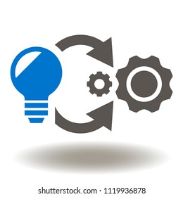 Implementation Icon Vector. Lamp Cogwheel Circle Arrows Symbol. Process Progress Development Logo. Idea to Product Sign.