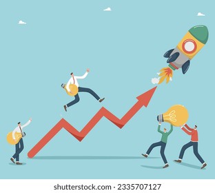 Implementation of innovations and creative ideas to create or grow business, teamwork and brainstorming to find new opportunities, startup, people with light bulbs near rocket taking off pulling arrow