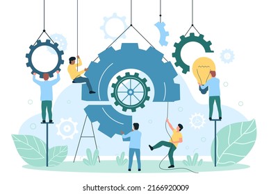 Implementation and integration of innovations into business process. Cartoon tiny engineers and developers work with system of gears, light bulb flat vector illustration. Solution, development concept