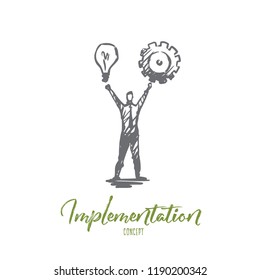 Implementation, man, idea, business, cogwheel concept. Hand drawn man take in hands light bulb and cogwheel concept sketch. Isolated vector illustration.