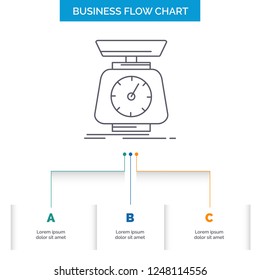 implementation, mass, scale, scales, volume Business Flow Chart Design with 3 Steps. Line Icon For Presentation Background Template Place for text