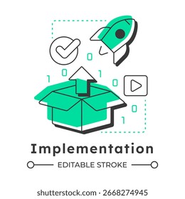 Implementation modern linear concept icon. Efficiency rocket, productivity. Development, innovation. Flat outline elements connected with dotted lines. Creative visual. Easy to edit
