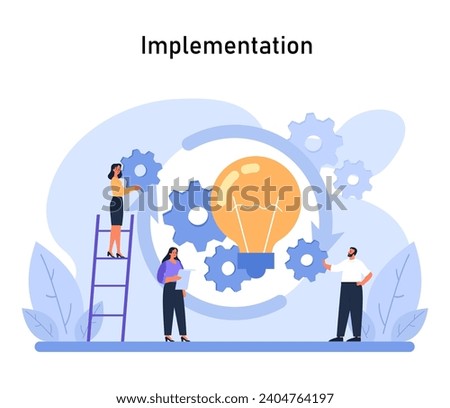 Implementation phase illustration. A team in action, integrating solutions into a working model, the practical application of Design Thinking in progress. Flat vector illustration [[stock_photo]] © 