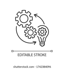 Implementation pixel perfect linear icon. Optimization of mechanical production process. Thin line customizable illustration. Contour symbol. Vector isolated outline drawing. Editable stroke