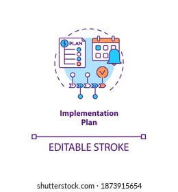 Implementation plan concept icon. Communication strategy components. Step by step tutorial for better business idea thin line illustration. Vector isolated outline RGB color drawing. Editable stroke
