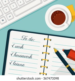 Implementation of the plan. Vector concept background in flat style. Banner with to do list in a notebook, cup of coffee and keyboard. 