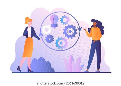 Implementation process or innovation integration. Entrepreneurs manage new ideas and improve work of company. Technology optimization. Cartoon flat vector illustration isolated on white background