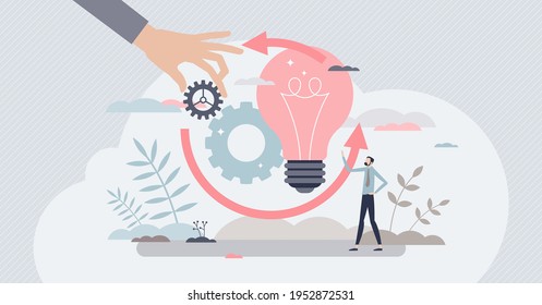 Implementation process or innovation integration work tiny person concept. Improvement execution and optimization management vector illustration. Novelty apply and activation in manufacturing business
