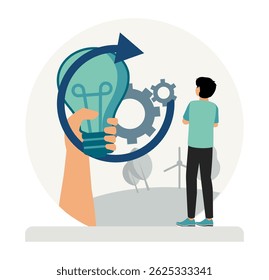 Processo de implementação ou trabalho de integração de inovação. Uma pessoa contemplando ideias de desenvolvimento sustentável.