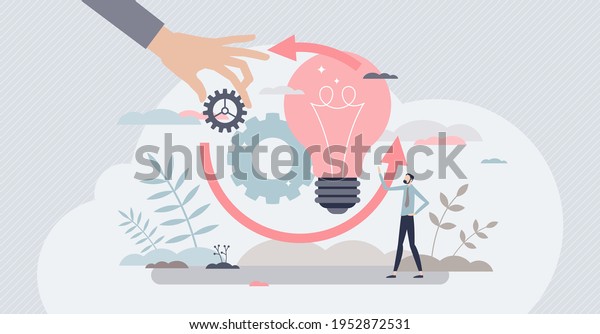 Implementation process or innovation integration\
work tiny person concept. Improvement execution and optimization\
management vector illustration. Novelty apply and activation in\
manufacturing\
business