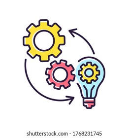 Implementation RGB color icon. Technical development. Optimization of mechanical production process. Connection of cog wheel in machine. Smart management. Isolated vector illustration
