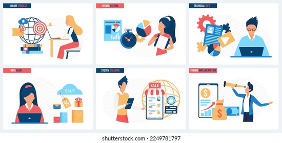 Implementation of system solutions, online processes and technical information support set vector illustration. Cartoon tiny people work with server systems and data flow, looking for success chance