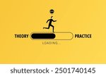 Implementation of theories in practice. Transition of theory into practice with loading bar and the words theory and practice.