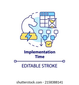 Implementation time concept icon. Robust energy strategy abstract idea thin line illustration. Success and coordination. Isolated outline drawing. Editable stroke. Arial, Myriad Pro-Bold fonts used