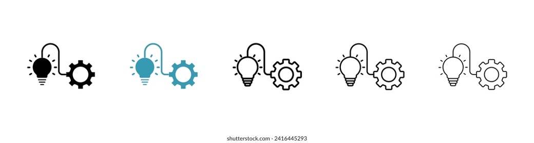 Juego de iconos del vector de implementación. Las empresas ejecutan la tecnología con el símbolo vectorial de los engranajes de las bombillas y las ruedas para los diseños de Ui.