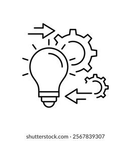 Implementation Vector Line Icon, solution execute develop, configuration cogwheel with light bulb, innovation analysis process, success industry preferences, vector illustration
