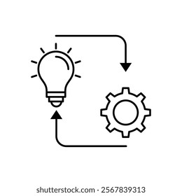 Implementation Vector Line Icon, solution execute develop, configuration cogwheel with light bulb, innovation analysis process, success industry preferences, vector illustration