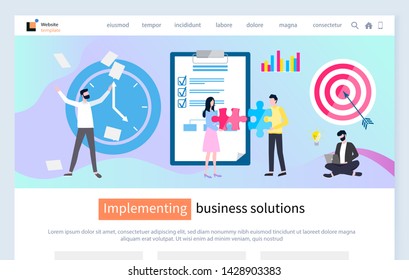 Implementing business solution vector, boss with time clock looking for deadline, target and aim, freelancer with laptop man and woman with puzzle. Website or webpage template, landing page flat style