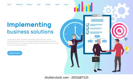 Implementing business solution vector. People working in area of management. Time deadline coping with tasks employee at work, making deal, contract conclusion. Business website landing page template