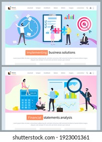 Implementing business solutions, financial statements analysis, landing page of website, clipboard with check list, target, analysing finance strategy, infocharts, businesspeople working at project