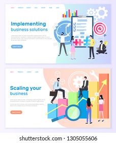 Implementing business solutions and scaling startup success vector. Notepad and target, graphic of financial growth, businessmen and businesswomen. Website or webpage template landing page in flat