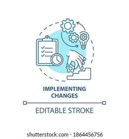 Implementing changes concept icon. Business consulting stage idea thin line illustration. Building plan. Providing effective training. Vector isolated outline RGB color drawing. Editable stroke