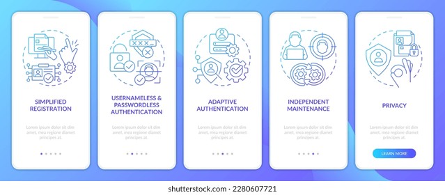 Implementing CIAM benefits blue gradient onboarding mobile app screen. Walkthrough 5 steps graphic instructions with linear concepts. UI, UX, GUI template. Myriad Pro-Bold, Regular fonts used