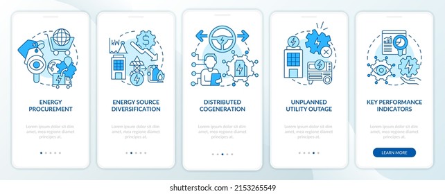 Implementing energy plan blue onboarding mobile app screen. Cogeneration walkthrough 5 steps graphic instructions pages with linear concepts. UI, UX, GUI template. Myriad Pro-Bold, Regular fonts used