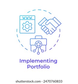 Implementando la Cartera de degradado azul. Colaboración empresarial, inversión. Ilustración de línea de forma redonda. Abstractas idea. Diseño gráfico. Fácil de usar en infografía, presentación