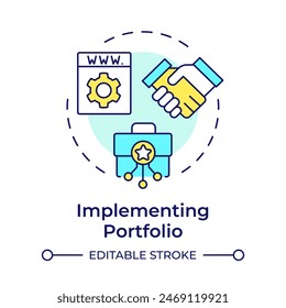 Implementing portfolio multi color concept icon. Business collaboration, investment. Round shape line illustration. Abstract idea. Graphic design. Easy to use in infographic, presentation