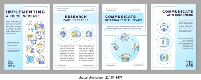 Implementing price increase light blue brochure template. Leaflet design with linear icons. Editable 4 vector layouts for presentation, annual reports. Arial-Black, Myriad Pro-Regular fonts used