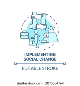 Icono de concepto azul de cambio social. Ilustración de línea delgada de idea abstracta de emprendimiento social. Transformación de las instituciones sociales. Dibujo de color de contorno aislado del vector. Trazo editable