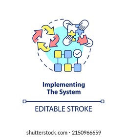 Implementing system concept icon. Info system development stage abstract idea thin line illustration. Improve processes. Isolated outline drawing. Editable stroke. Arial, Myriad Pro-Bold fonts used