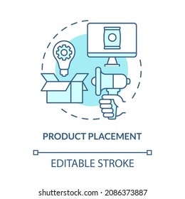 Implizites Werbekonzept-Symbol Handelsstrategie. Das Produkt wird deutlich angezeigt. Eingebettetes Marketing abstrakte Idee dünne Linie Illustration. Vektorgrafik einzeln auf Umrissfarben. Bearbeitbarer Hub