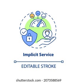 Icono de concepto de servicio implícito. Calidad del producto y satisfacción del cliente. Ilustración de línea delgada de idea abstracta de administración de operaciones. Dibujo de color de contorno aislado del vector. Trazo editable