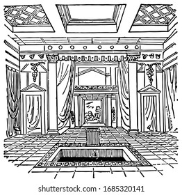 Impluvium, It is a part of ancient Roman architecture, it belongs to basin in the atrium or entrance hall of a building, vintage line drawing or engraving illustration.