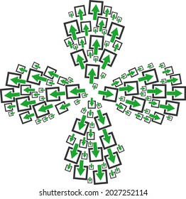 Import arrow centrifugal flower cluster. Object flower with 4 petals composed from oriented import arrow symbols. Vector flower collage in flat style.