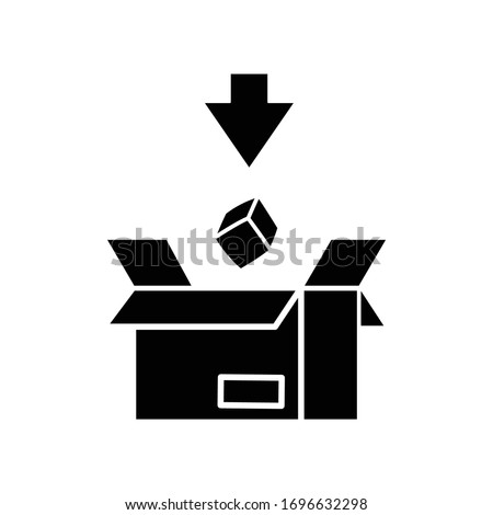 Import black glyph icon. Commodity in cardboard box. Logistics, mail, cargo delivery service. Commerce, international trade. Silhouette symbol on white space. Vector isolated illustration
