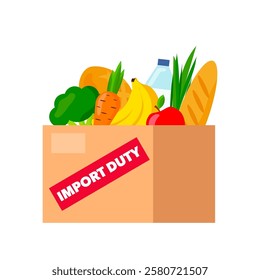 Import Duty - vector box with products and red sign.