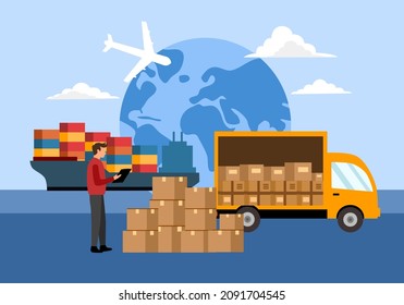 Importar comercio de exportación a nivel mundial con ilustraciones expresas de vectores de transporte marítimo internacional. Paquete, avión, camión de entrega y barco en diseño plano.