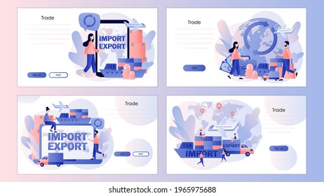 Import and export concept. Global trade. Logistics business. Sales goods and services worldwide. Screen template for landing page, template, ui, web, mobile app, poster, banner, flyer. Vector 