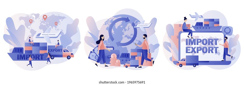 Import and export concept. Global trade. Logistics business. Tiny people businessman sale goods and services worldwide. Modern flat cartoon style. Vector illustration on white background