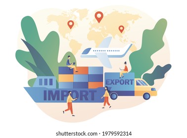 Import and export concept. Logistics business. Global trade. Maritime, air and land shipment. Sale goods and services worldwide. Modern flat cartoon style. Vector illustration on white background