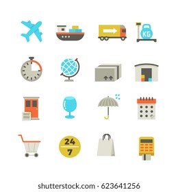 Import and export delivery logistics, aircraft shipping, loading vector flat icons