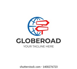 Import, export and distribution logo design. Delivery and logistics vector design. Globe and direction pointer logotype