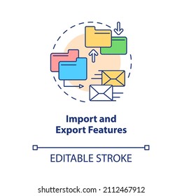 Import and export features concept icon. Elearning platform abstract idea thin line illustration. Isolated outline drawing. Editable stroke. Roboto-Medium, Myriad Pro-Bold fonts used