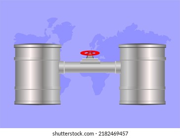 Import and export of gas, oil and fuel from Russia to Europe, barrels, pipe with valve vector, Gas tap with pipeline system at natural gas station, embargoes and sanctions, rising fuel and gasoline pr