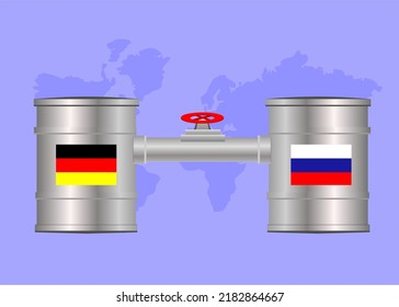Import and export of gas, oil and fuel from Russia to Europe, barrels, pipe with valve vector, Gas tap with pipeline system at natural gas station, embargoes and sanctions, rising fuel and gasoline pr