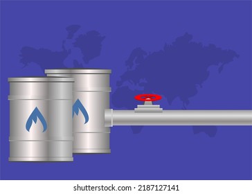 Import and export of gas, oil and fuel from Russia to Europe, barrels, pipe with valve vector, Gas tap with pipeline system at natural gas station, embargoes and sanctions, rising fuel, pipeline trans